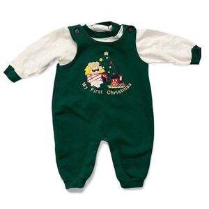 Vintage 1998 Little Boys "My First Christmas"‎ Green 2-Piece Jumpsuit 6-9M